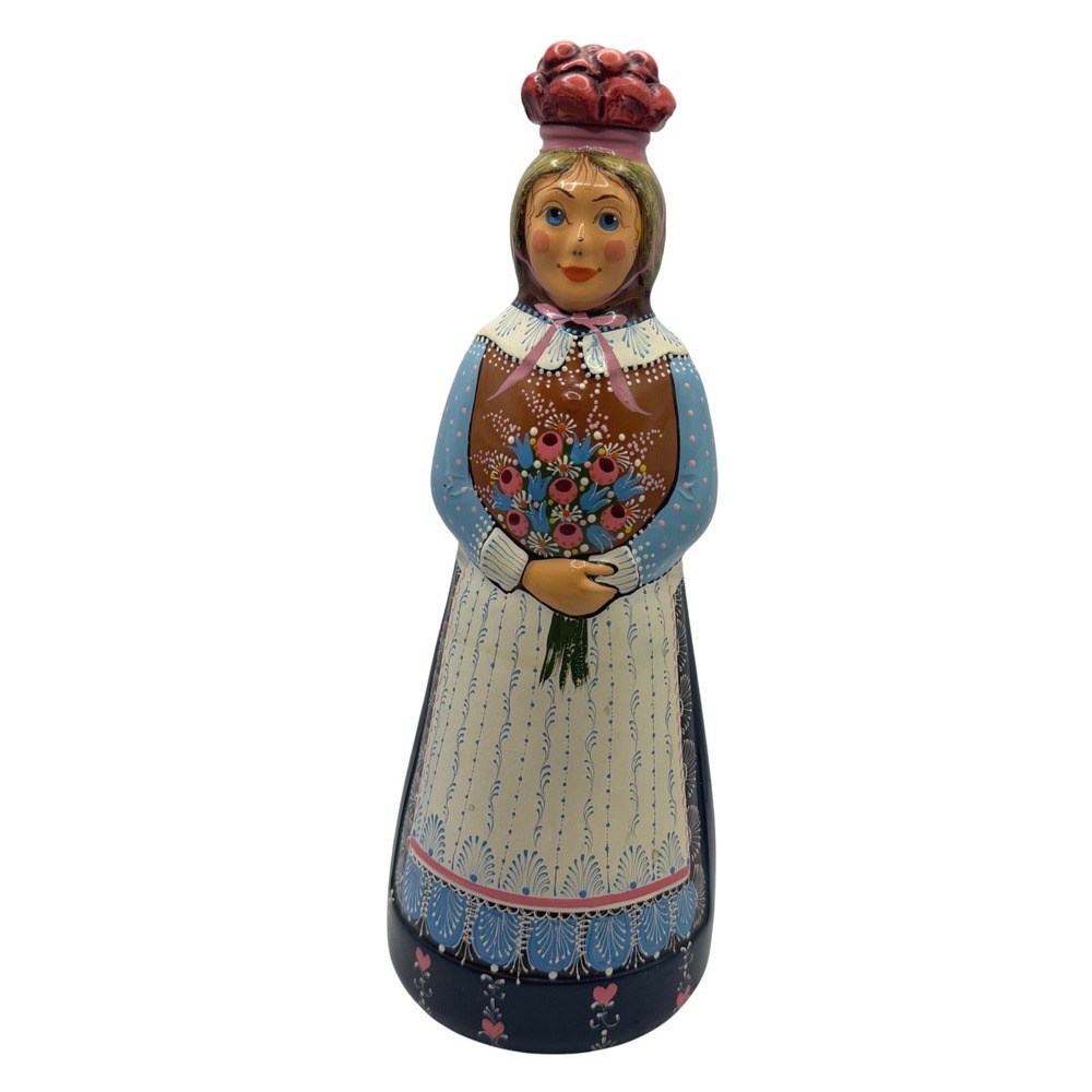 Vintage German Hand Painted Glass Woman Bottle Decanter Folk Art Figurine 10.25"